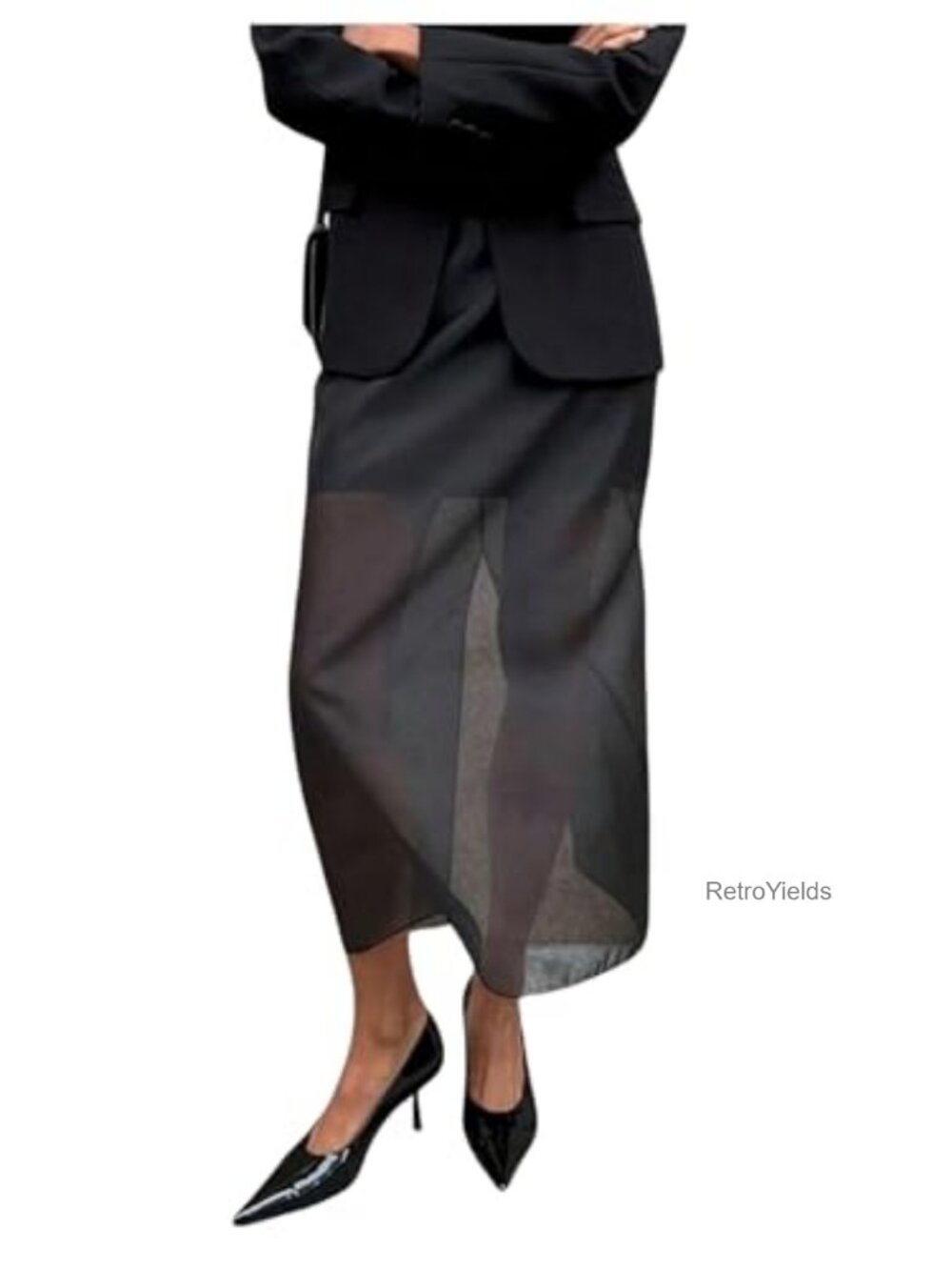 Mesh Sheer Maxi Skirt High Waist Back Slit Business Casual